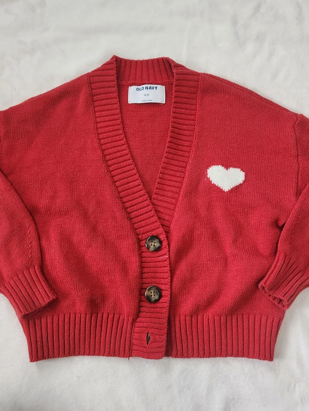 Old Navy Red Cropped Short V-Neck Cardigan with White Heart